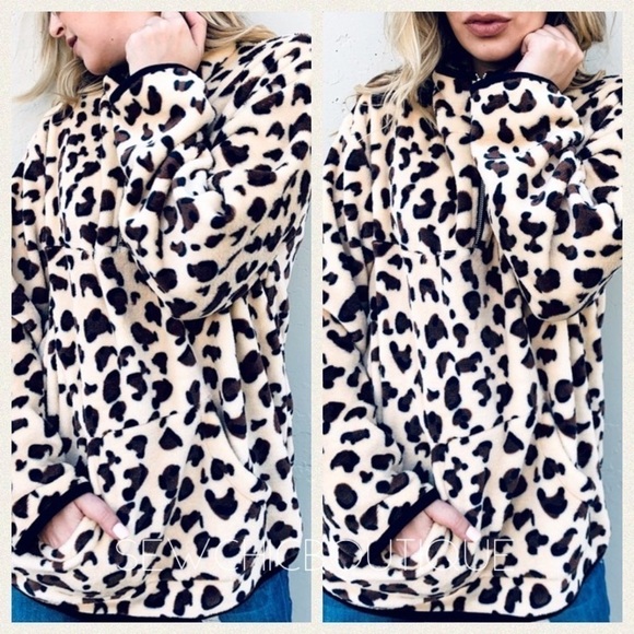Leopard Printed Sherpa Zip-Up Cozy Pullover - Picture 1 of 5